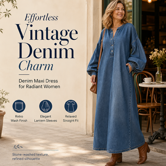 Maxiklänning i denim med långa lanternärmar för damer