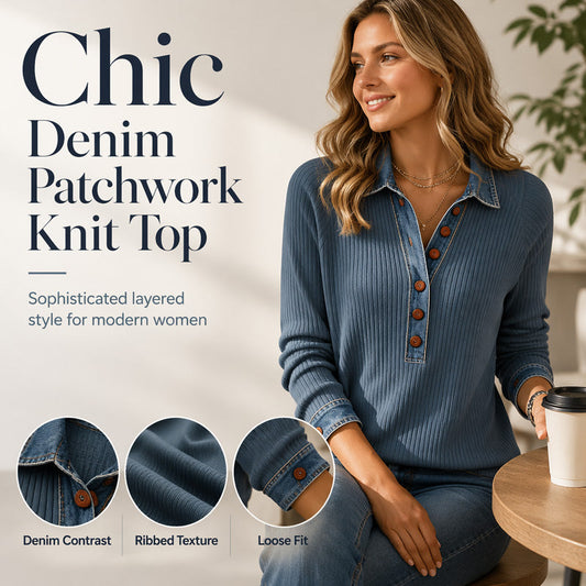 Långärmad patchwork-stickad topp med jeanskrage för damer