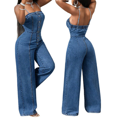 💫 50 % rabatt!👖Kvinnors jeansoverall med spaghettiband och vida ben
