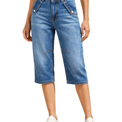 Trendar nu 🔥Kvinnors högmidjade knälånga jeansshorts