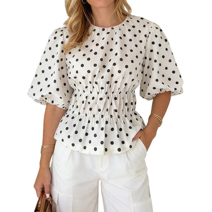🌴Sommarbästsäljare: 50% Rabatt！👚Dam Midjebetonande Prickig Blus
