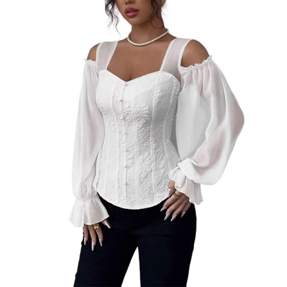 Bästsäljare🔥 👚 Kalla axlar med blommig jacquard – korsettformad topp för en feminin silhuett