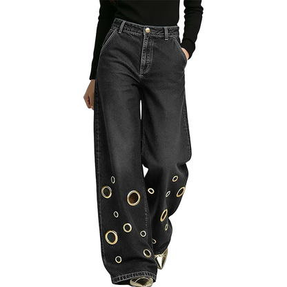 👖✨ Vida jeans med metallöglor och snygga utskärningar