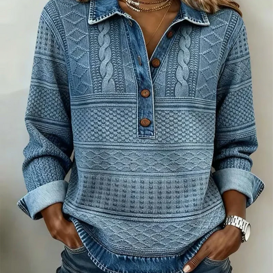 👚Långärmad skjorta för kvinnor med lapptäcke i denim och krage