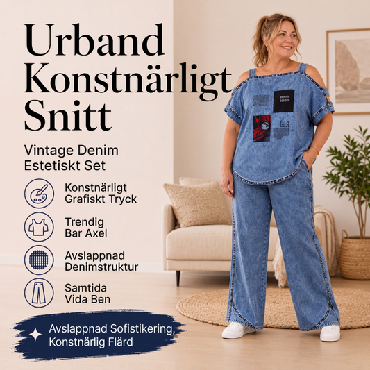 Damtopp med axelbandslös design och vida byxor