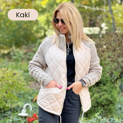 ❄️Stickad Patchwork Puffig Jacka för Kvinnor