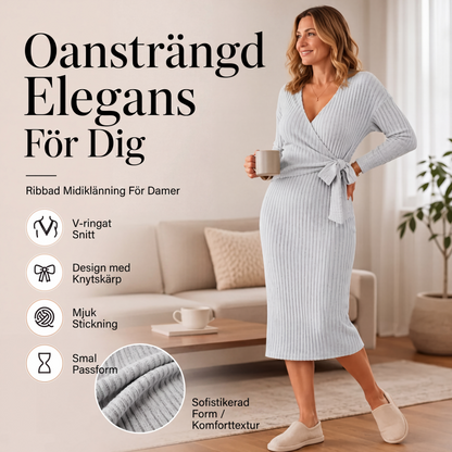 Elegant V-ringad ribbad stickad omlottklänning med knytning för kvinnor