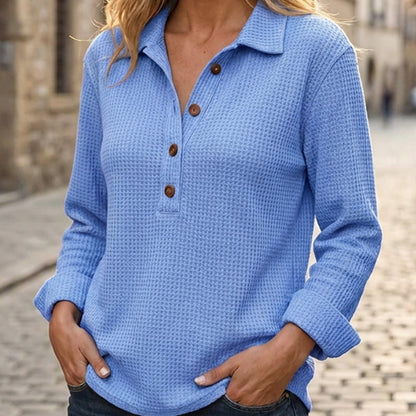 📢📢50 % rabatt!!!🎉✨Långärmad Henley-tröja i våffelstickad tröja för damer