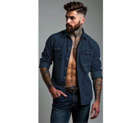 Långärmad jeansskjorta för män, ledig knäppt cardigan