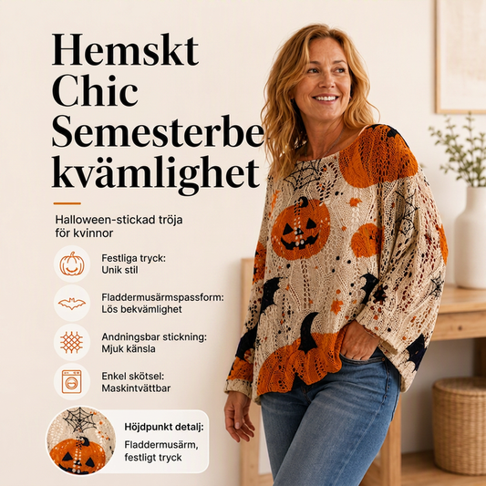 Virkad stickad topp med pumpamönster för kvinnor, Halloween