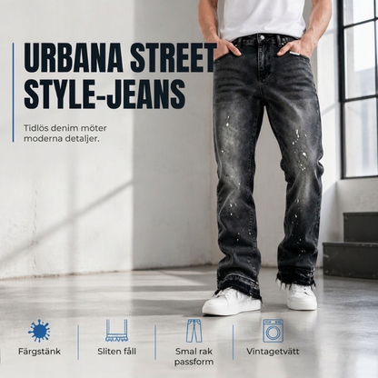 Jeans för män i urban streetstyle med färgstänk och sliten look