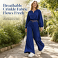 🛍️ Specialerbjudande ✨ 2-delat set för damer 👗 Crop-top med V-ringning & byxor med hög midja och vida ben – elegant passform och bekväm stil