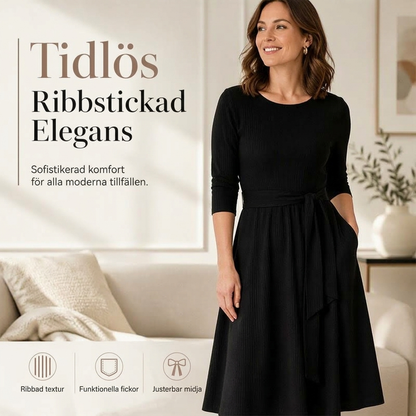 💎 Exklusivt erbjudande – A-linjeformad midiklänning för damer i ribbat stickat 👗 Rund hals, 3/4-ärmar och bekväm passform med fickor ✨