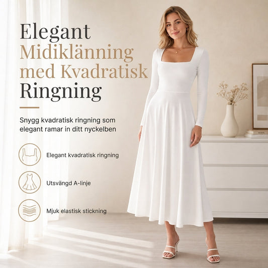 👗Damklänning med långa ärmar, fyrkantig halsringning och A-linje