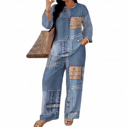 🔥 50 % RABATT UNDER BEGRÄNSAD TID! 👖 Dammode i jeansmönster med topp och byxor med vida ben – bekvämt, retro och elegant ✨