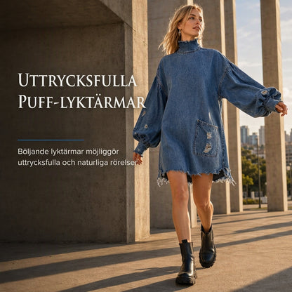 ✨ Ny höststil 💙 Oversized miniklänning i denim för damer med krage – bekväm passform, trendig och avslappnad chic