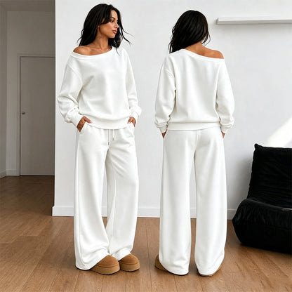 Set med avslappnad off-shoulder-top och byxor med vida ben för damer