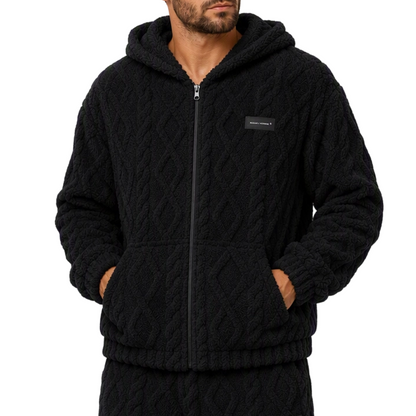 Herrkepsstickad Sherpa-fleece huvtröja med dragkedja och fickor
