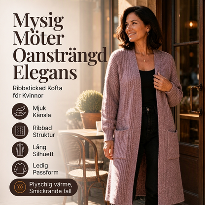Damens mysig ribbstickad lång cardigan