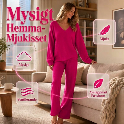 Set med stickad V-ringad tröja och vida byxor för kvinnor