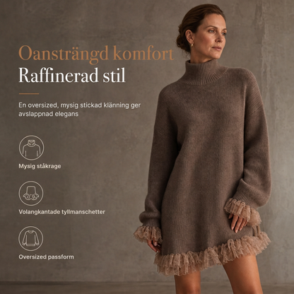 🔥 50 % RABATT UNDER BEGRÄNSAD TID! 👗 Oversize-tröjklänning med hög krage och volanger i tyll – varm, feminin och elegant ✨