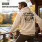 Herr retro fiske-grafisk luvtröja, avslappnad passform, mjuk fleece-sweatshirt i blandad bomull med kängficka