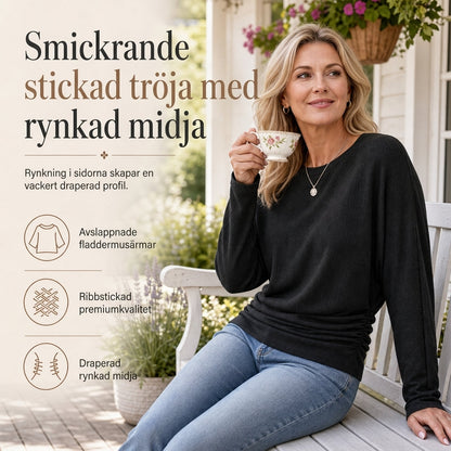 📢🎉50 % rabatt!!!🛍️✨Avslappnad, ledig damtröja med rund hals, långa ärmar, nedfallande axlar, fladdermusärmar och volanger på sidorna