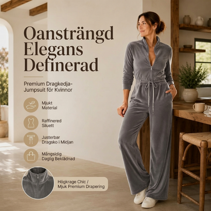 Chic sammetsjumpsuit med stående krage för kvinnor