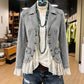 Damjacka i denim med notched lapel och spetskant