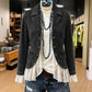 Damjacka i denim med notched lapel och spetskant