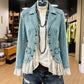 Damjacka i denim med notched lapel och spetskant