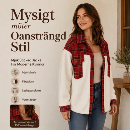 Rutig plyschjacka i patchwork med knappar för kvinnor